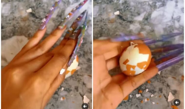 VIDEO: Watch as slay queen struggles to peel an egg with long nails